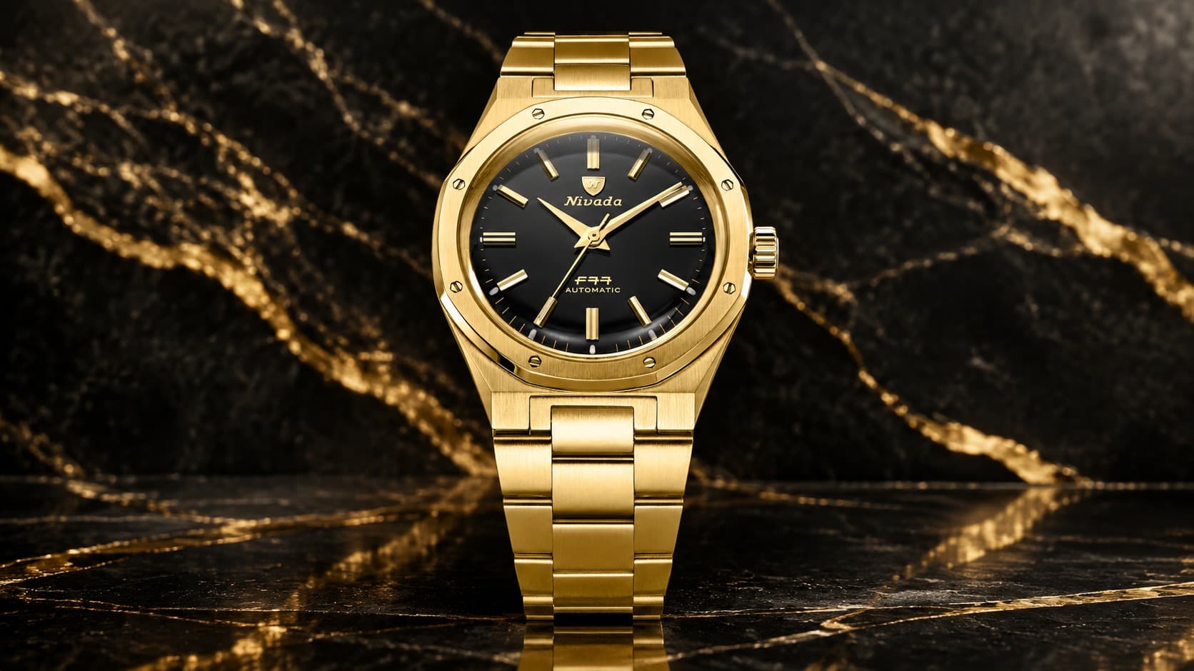 Nivada Grenchen F77 MK2 gold automatic watch with integrated bracelet