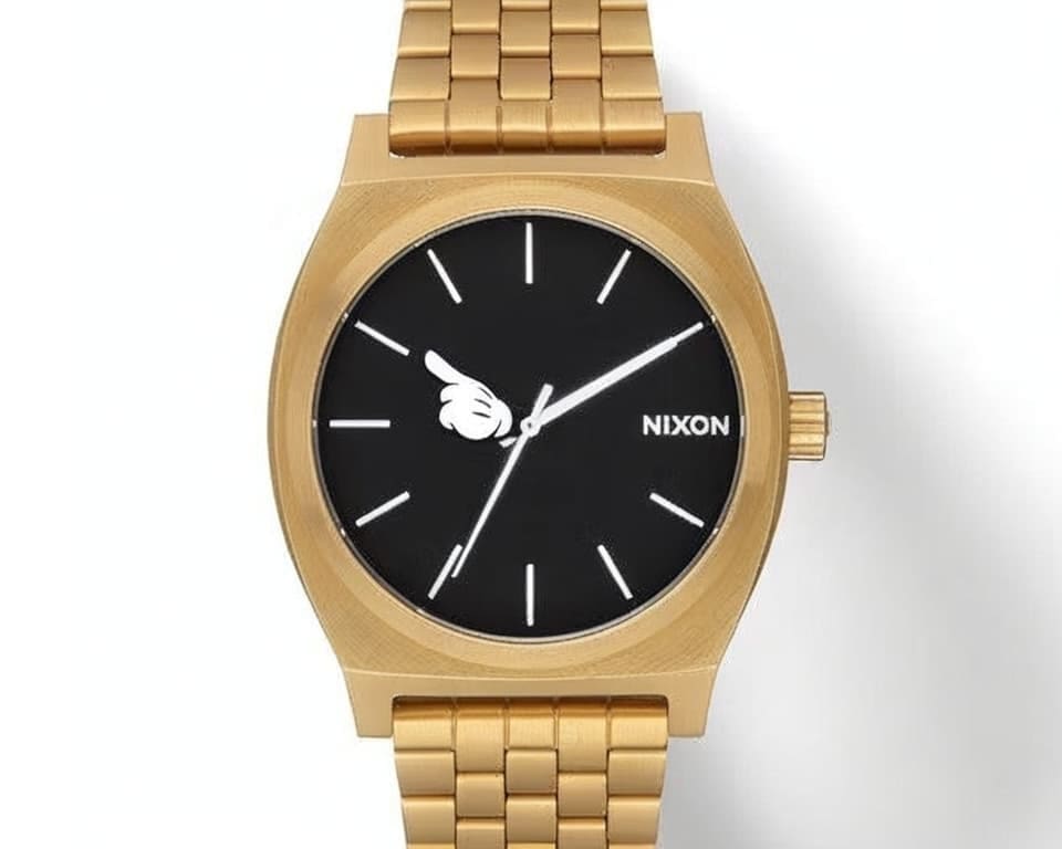 Nixon Mickey Mouse collaboration watch featuring gold-tone case and bracelet, black dial with white Mickey Mouse glove logo, and stick hour markers