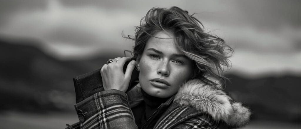 Portrait of a woman in a wool coat with a fur collar, photographed against a windswept coastal landscape