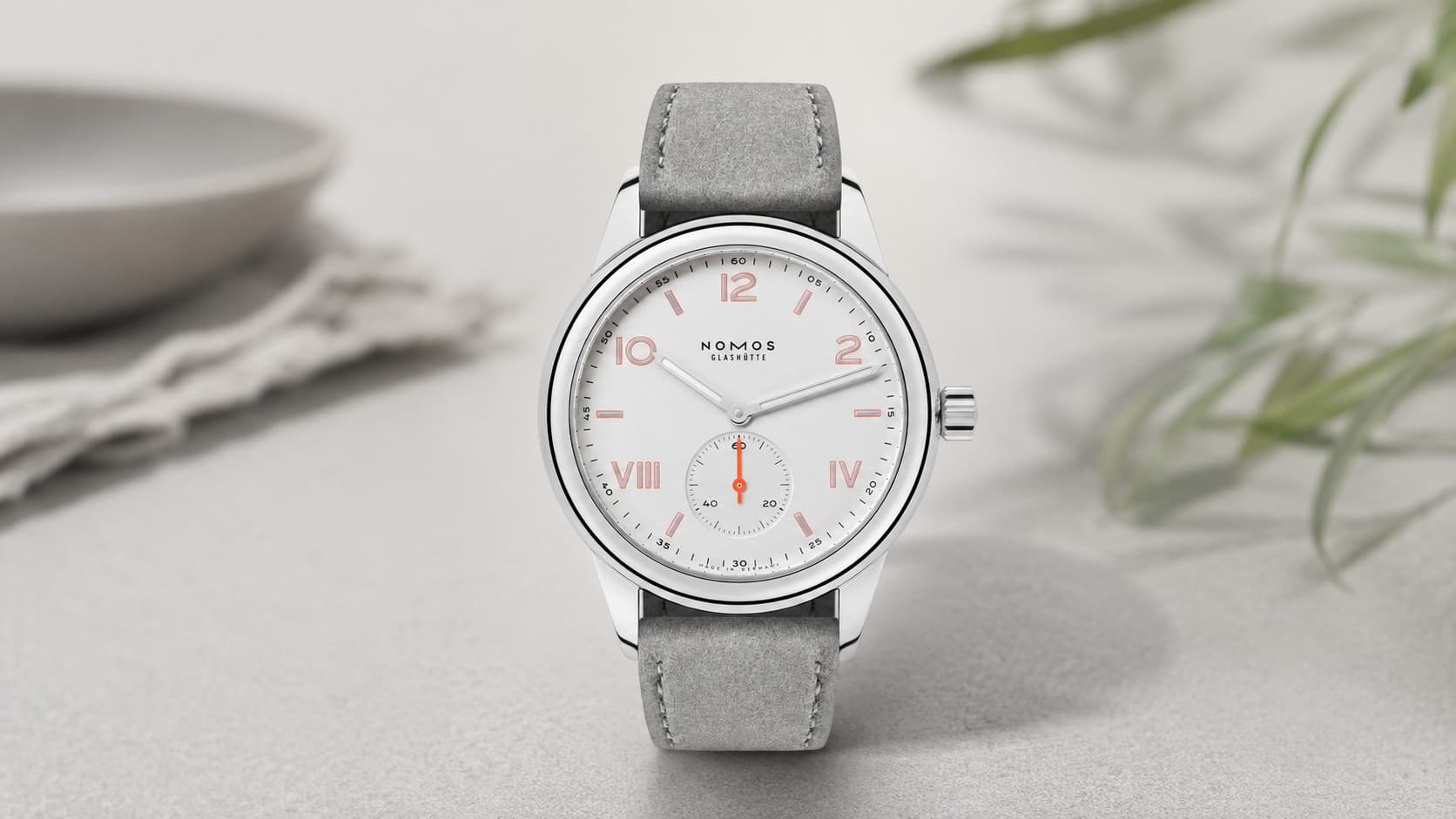 Nomos Club Campus watch with white dial and grey suede strap