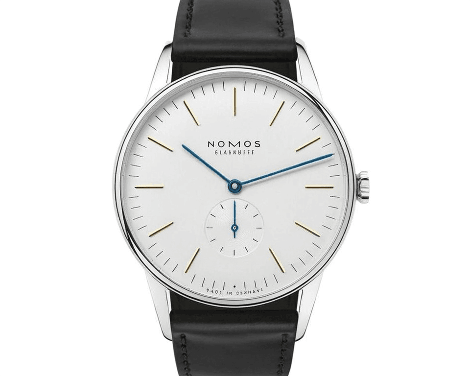 Nomos Glashutte Orion with silver dial, gold indices, blued hands and black strap