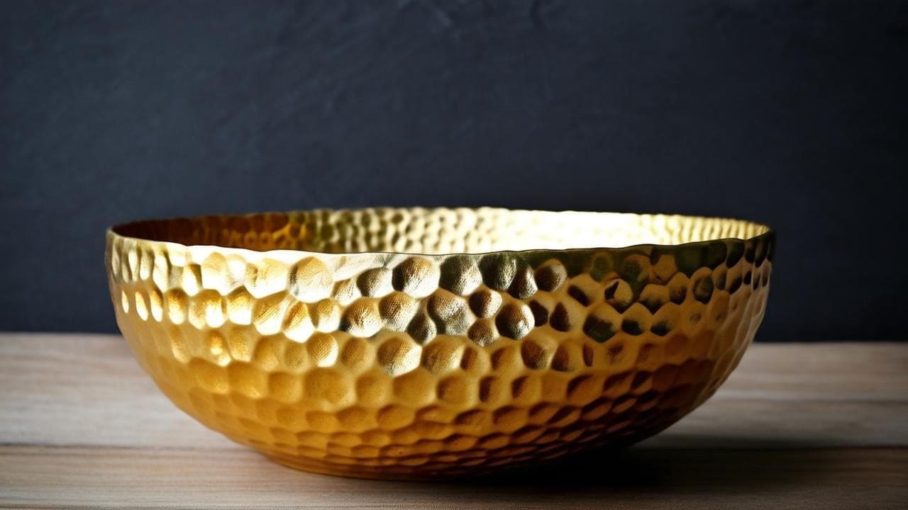 Hammered golden bowl with a dimpled texture on a wooden table
