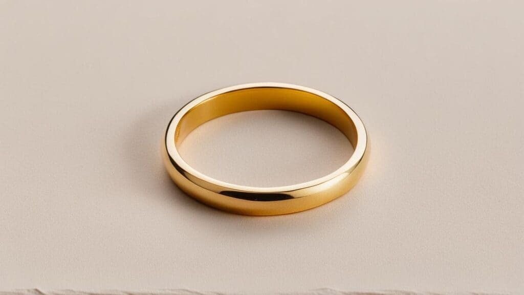 Simple gold-colored band ring made of Nordic Gold, showing its smooth finish and subtle shine