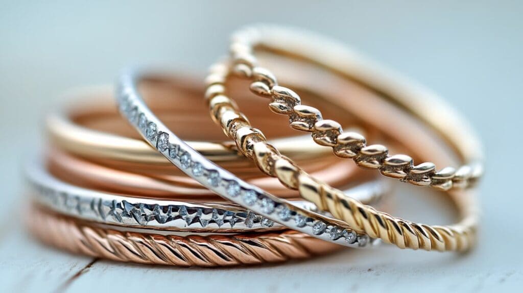 Close-up of stacked mixed metal bracelets in silver and gold, showcasing minimalist Nordic design.