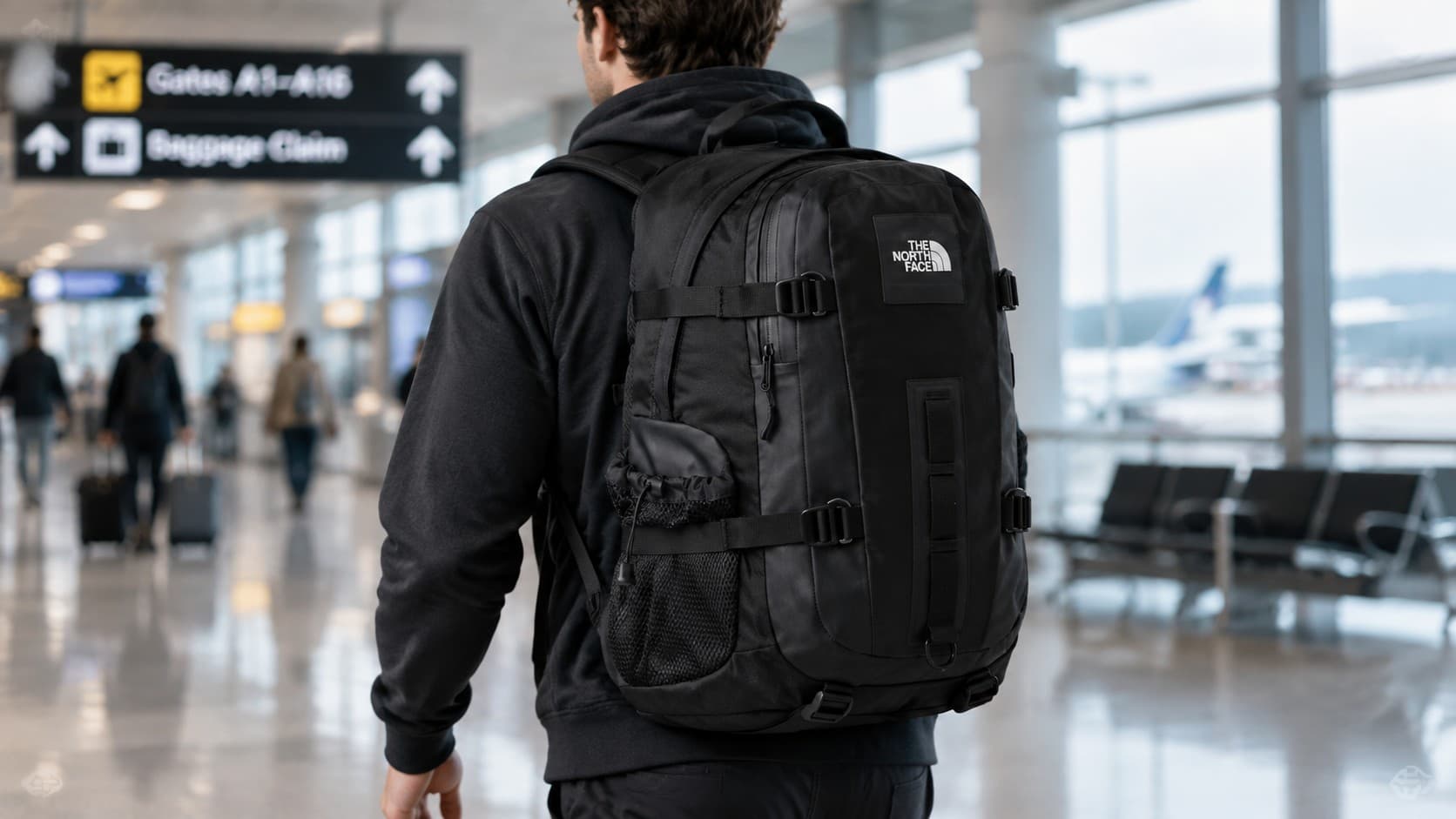 Traveler walking through an airport terminal wearing a North Face travel backpack