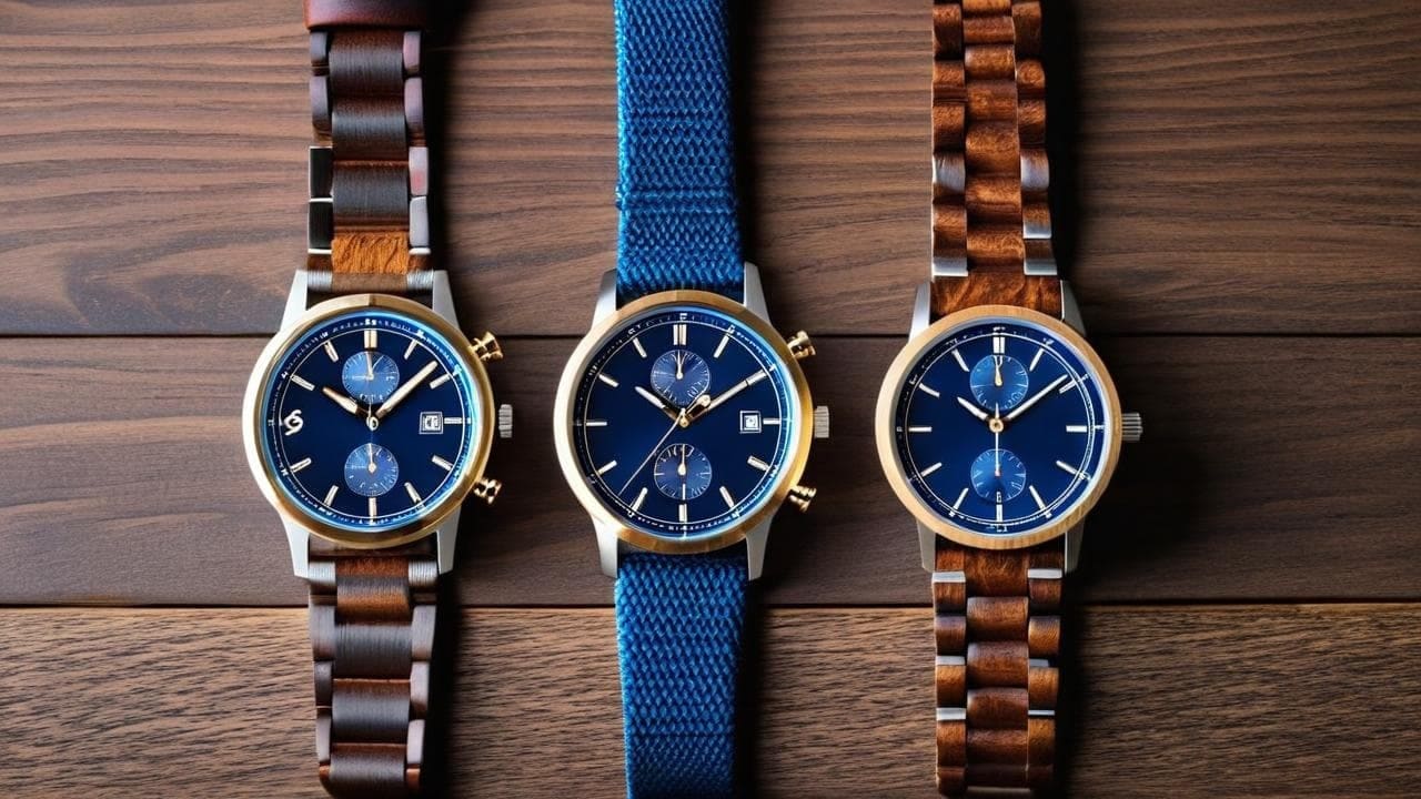 Three blue-dial watches with wooden and blue fabric straps on a wood table