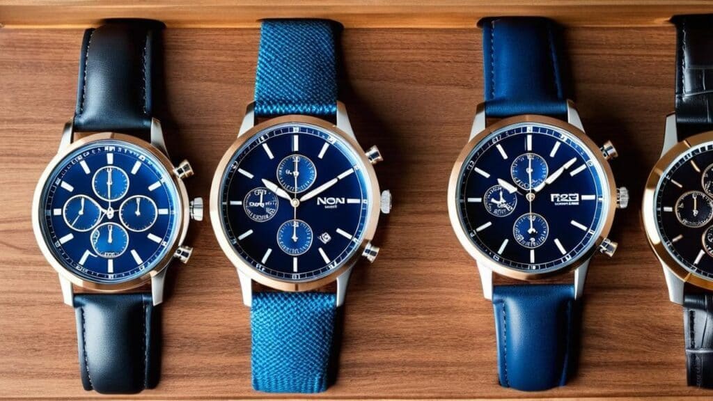 Selection of Norwegian chronograph watches with signature blue dials and varied strap materials displayed on wooden surface
