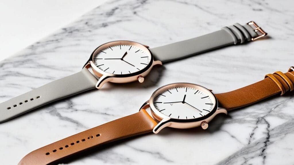 Minimalist Norwegian watch designs featuring clean dials with rose gold cases on marble surface exemplifying Scandinavian simplicity