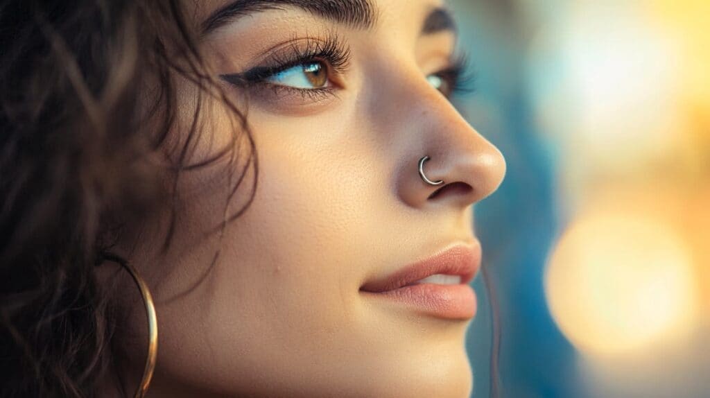 Closeup profile of a woman wearing a silver hoop nose ring, emphasizing the aesthetic appeal of proper nose piercing jewelry.