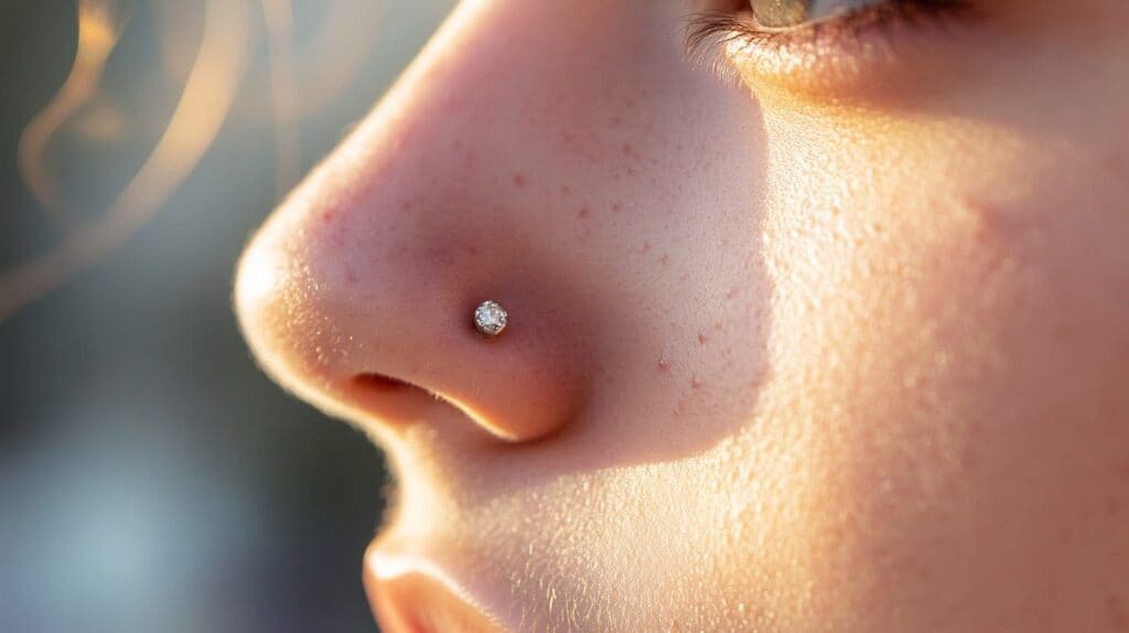 Closeup of a woman’s nose with a small diamond nose stud glistening in sunlight, showcasing safe and stylish nose piercing jewelry.