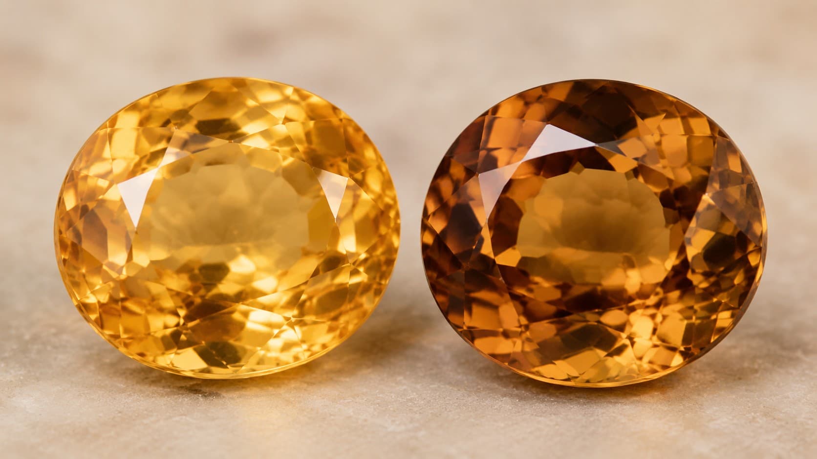 Topaz and citrine gemstones side by side comparing their November birthstone colors