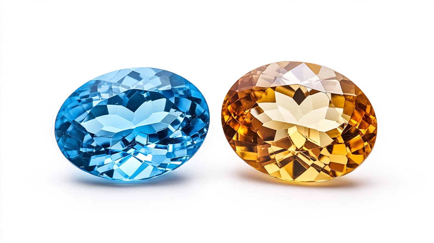 Oval blue topaz and golden citrine gemstones side by side on white