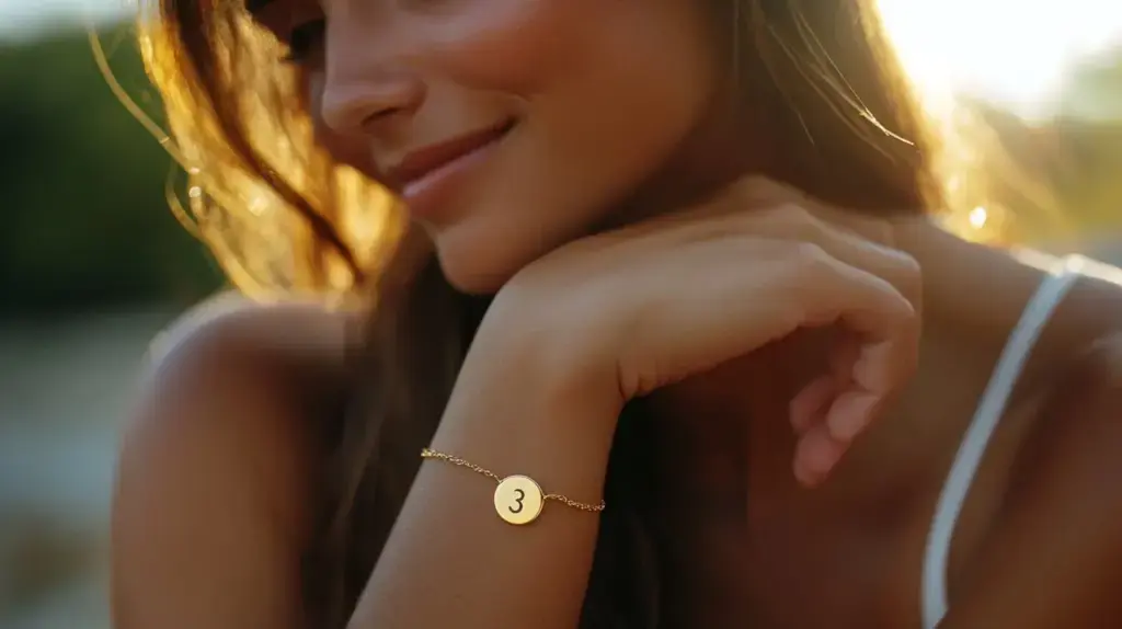 Woman wearing a gold bracelet with a number 3 charm, symbolizing creativity and self-expression.