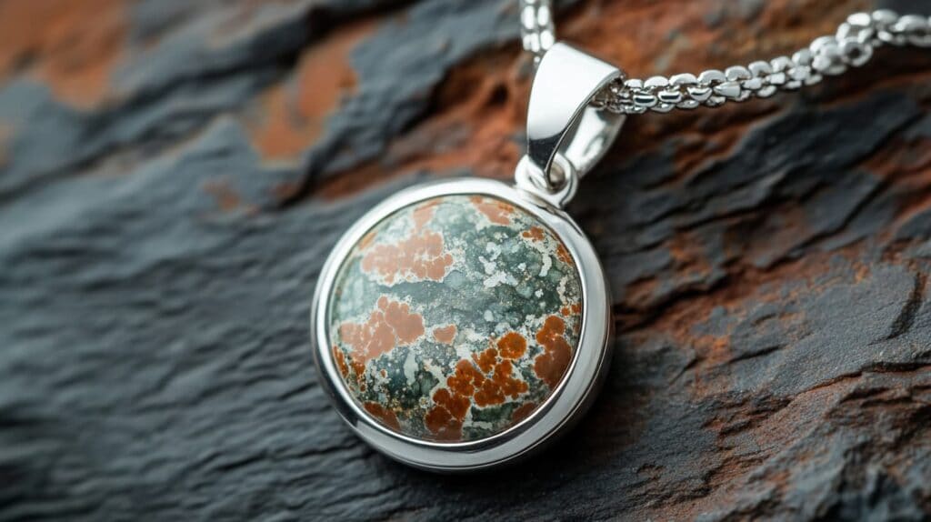 A polished ocean jasper pendant featuring green and orange patterns, set in a silver frame and displayed on a textured dark background.