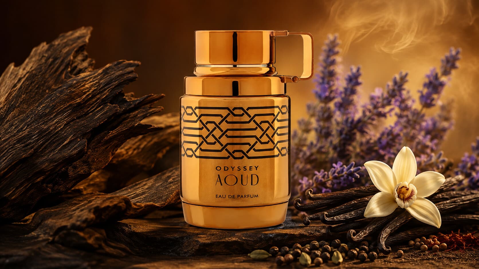 Odyssey Aoud Eau de Parfum bottle with agarwood, lavender, spicy notes, and vanilla