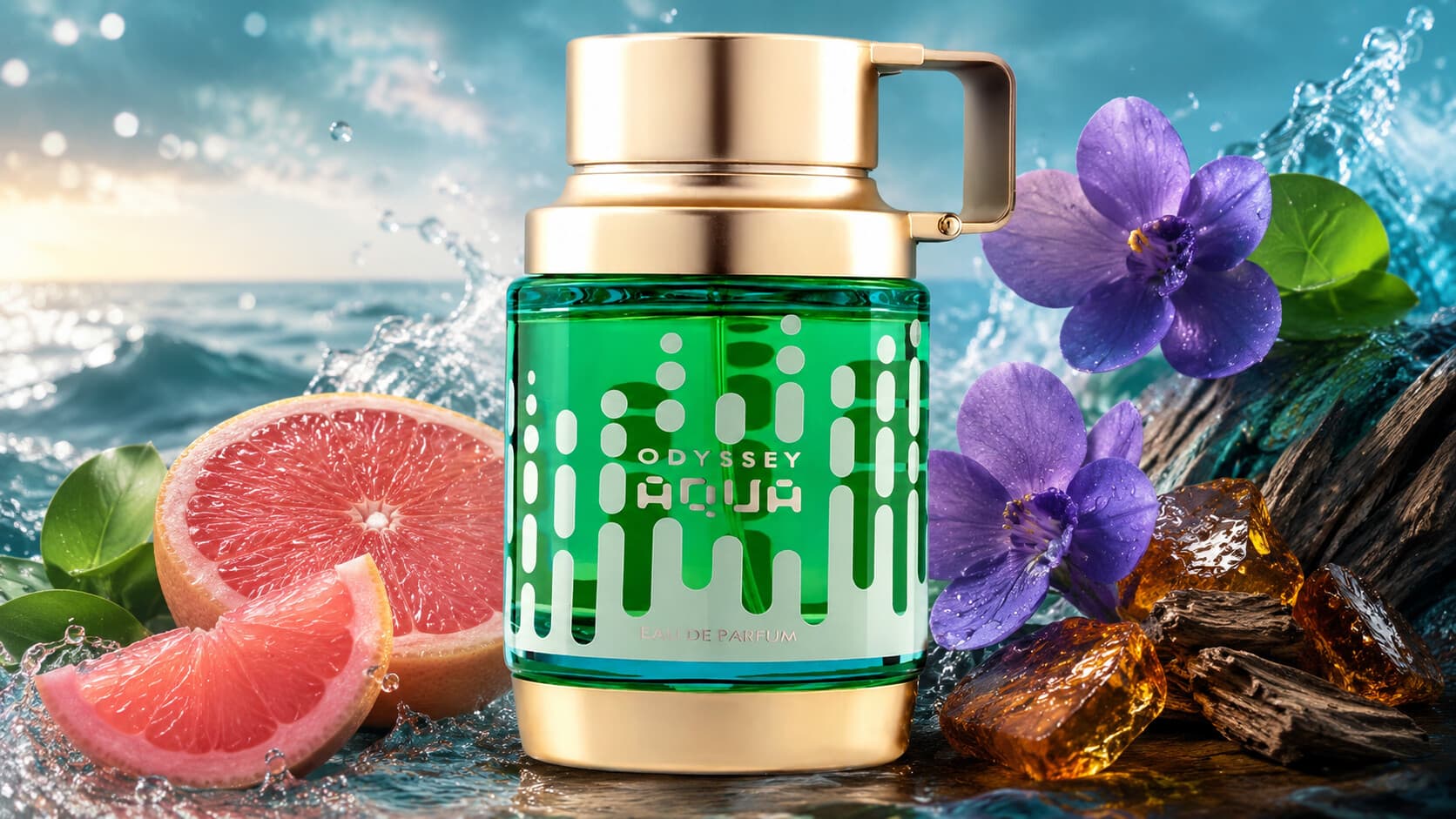 Odyssey Aqua Edition Eau de Parfum bottle with sea notes, grapefruit, violet leaves, and amberwood
