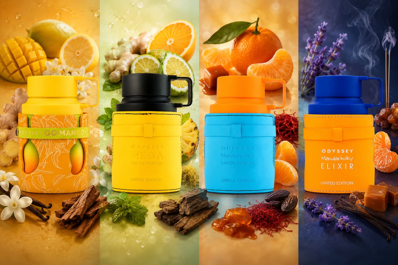 Four Odyssey fragrance bottles side by side: Go Mango, Mega Man, Mandarin Sky, and Mandarin Sky Elixir, each with their signature ingredients