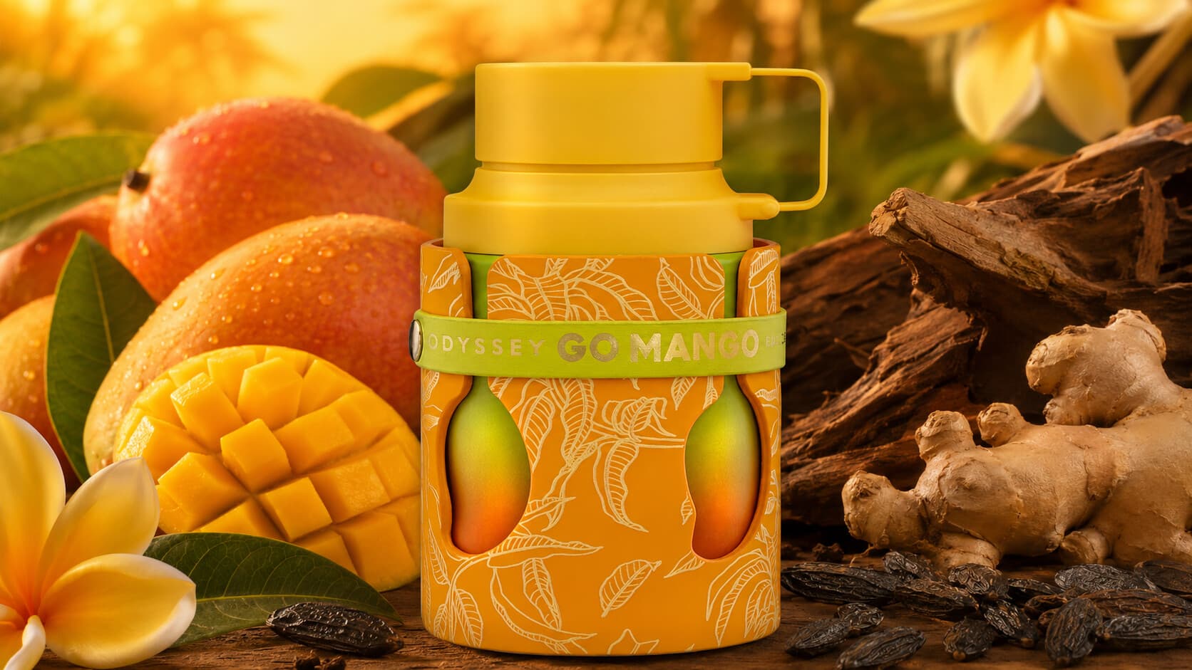 Odyssey Go Mango Eau de Parfum bottle with ripe mango, ginger, tonka bean, and woody notes