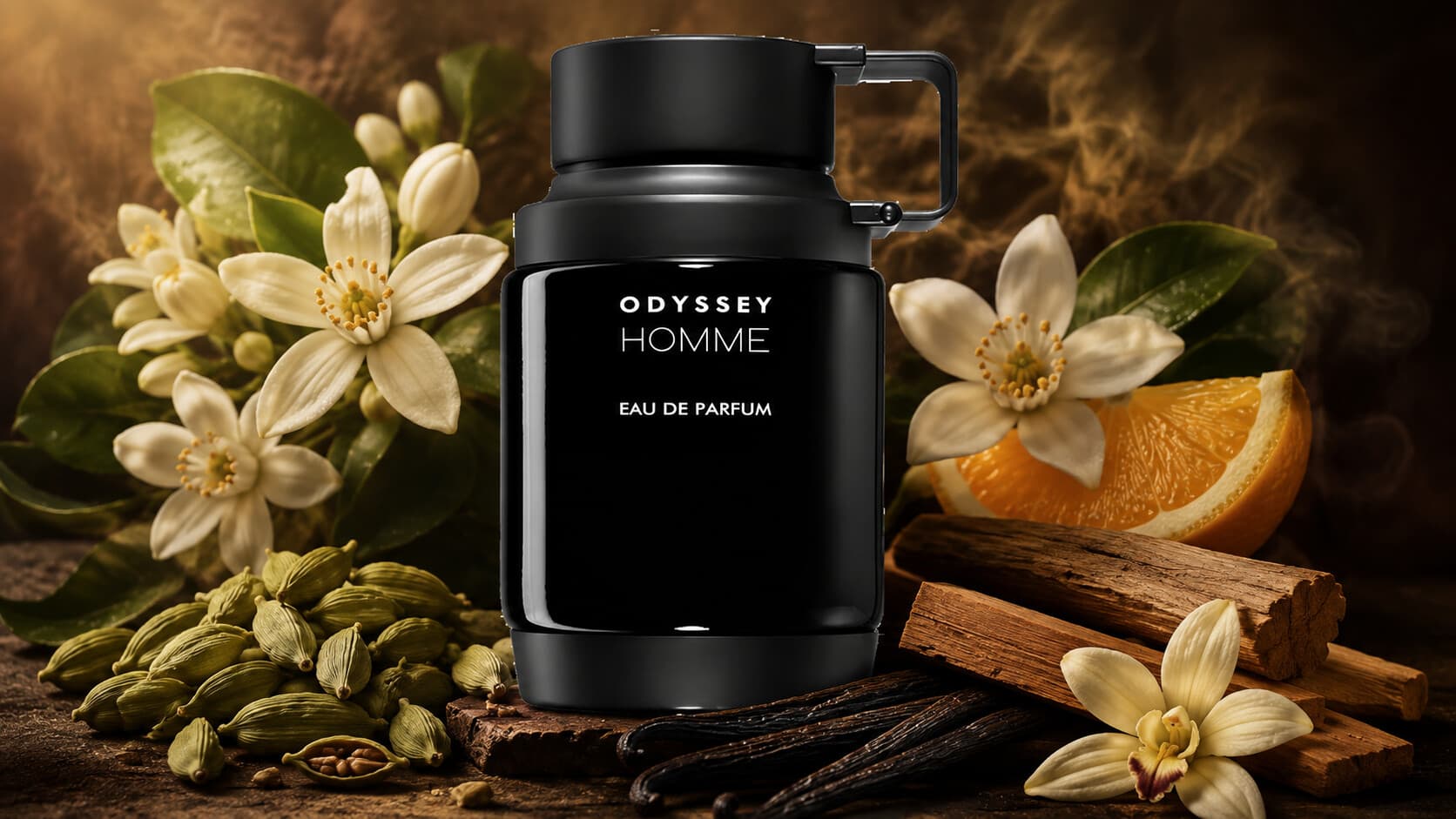 Odyssey Homme Eau de Parfum bottle with cardamom, neroli, orange blossom, sandalwood, and vanilla