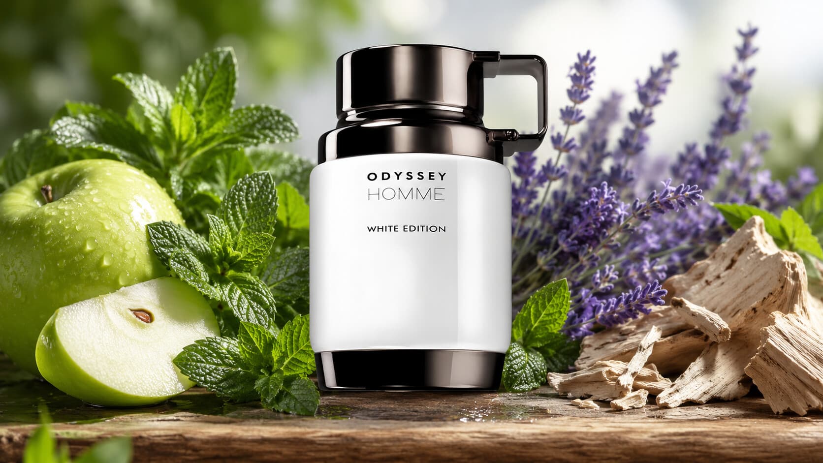 Odyssey Homme White Edition bottle with green apple, mint, lavender, and white woods