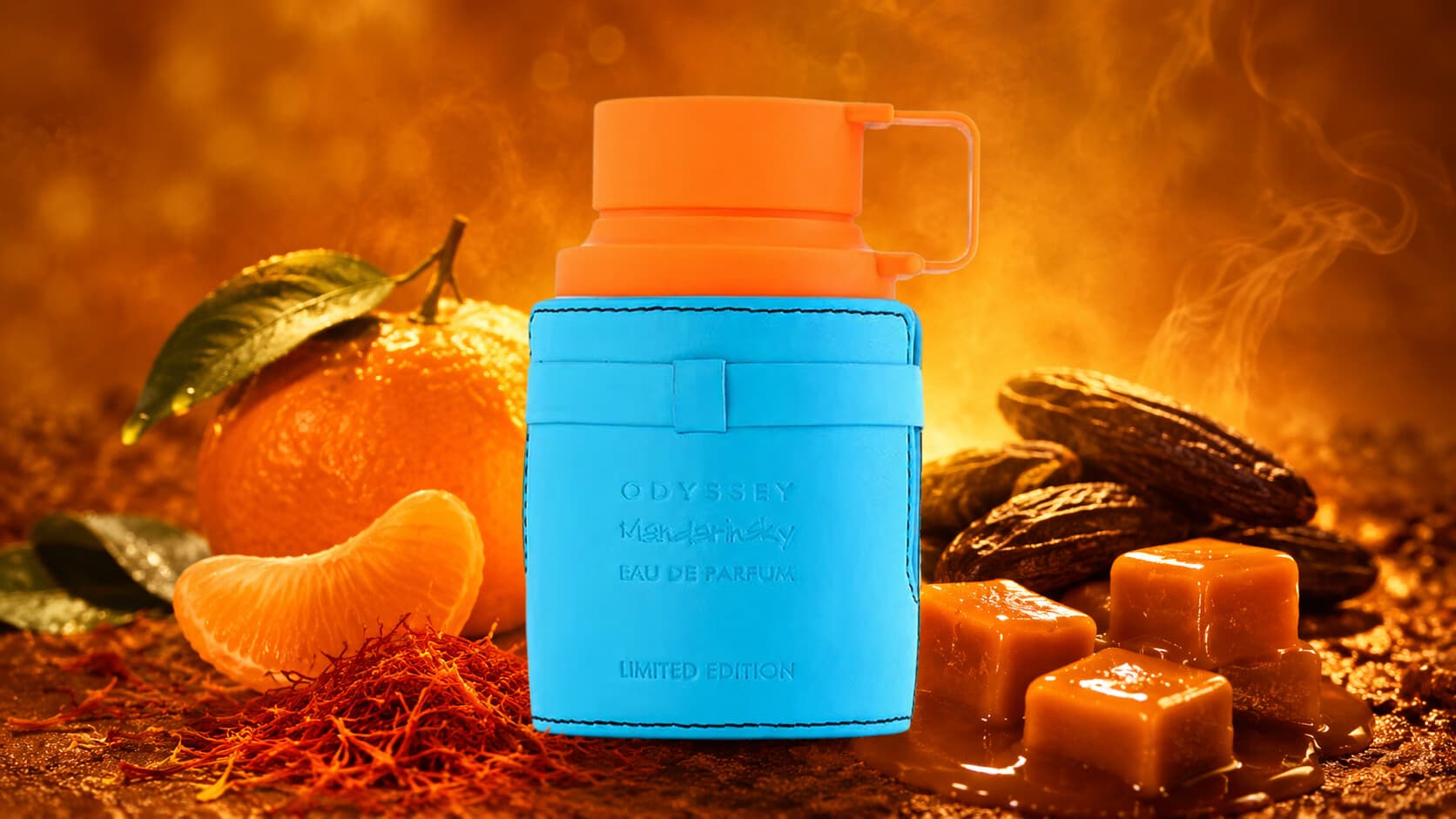 Odyssey Mandarin Sky Eau de Parfum bottle with mandarin orange, saffron, tonka bean, and caramel