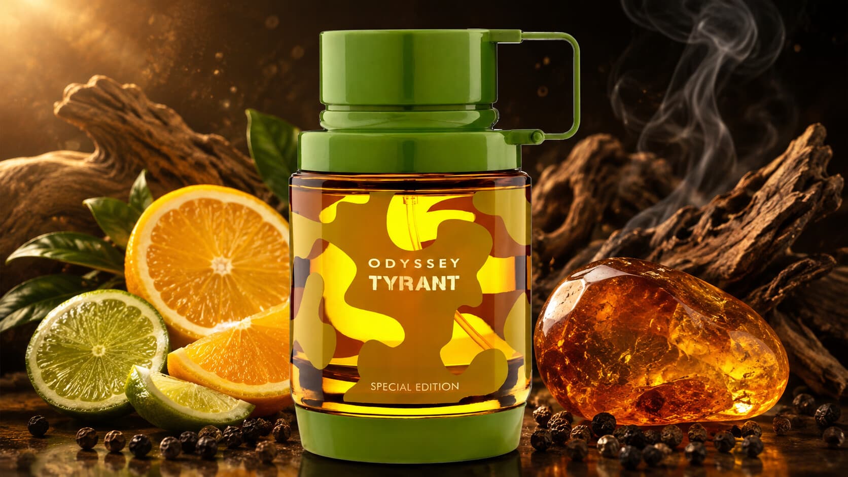 Odyssey Tyrant Special Edition bottle with citrus, woody notes, amber, and black pepper