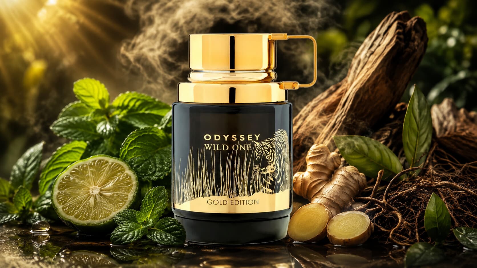 Odyssey Wild One Gold Edition bottle with bergamot, mint, ginger, vetiver, and sandalwood