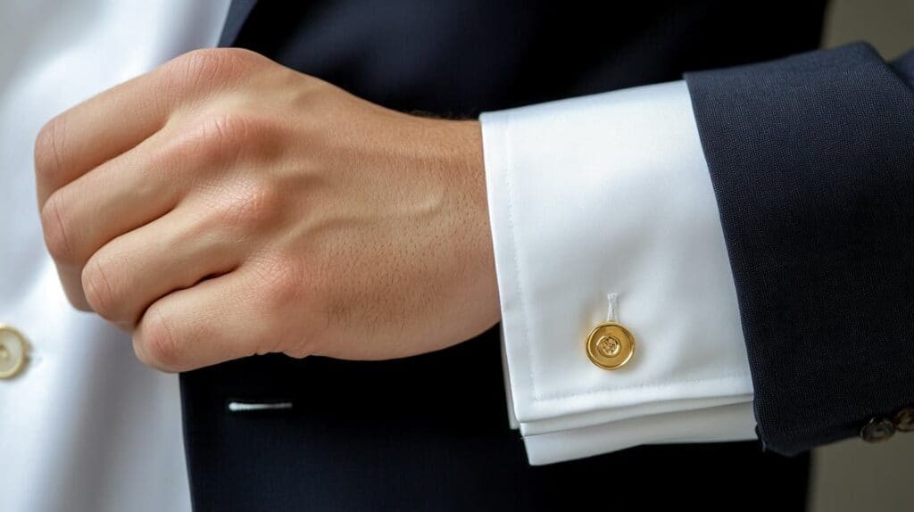 A man wearing a navy suit and white French cuff shirt, secured with gold cufflinks, showcasing refined business and formal style.