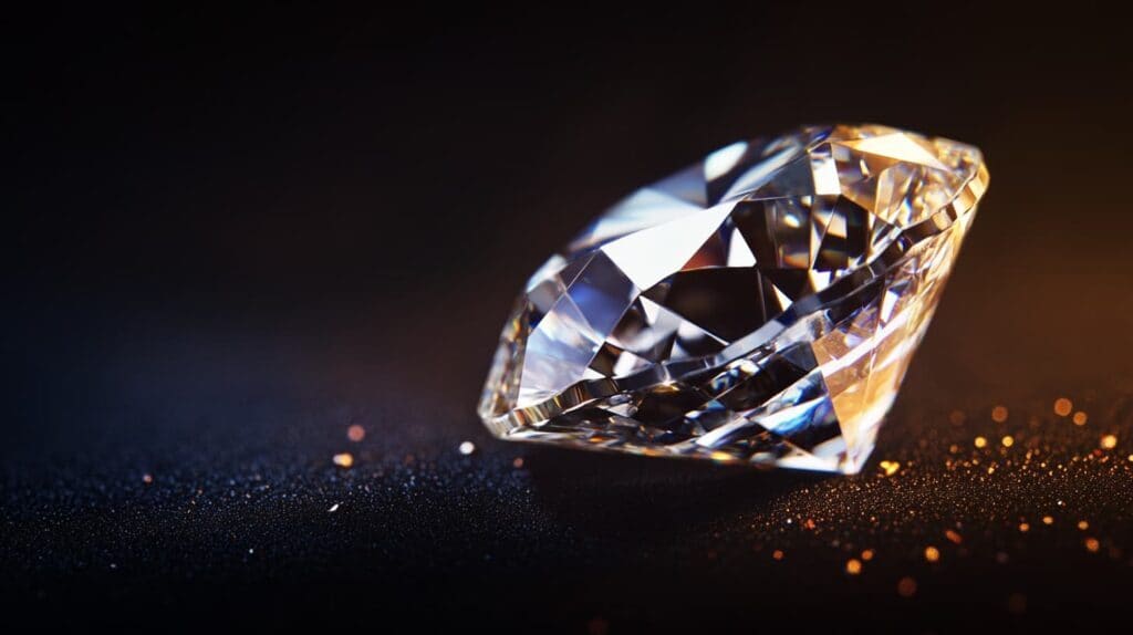 A loose Old European Cut diamond resting on a dark surface, illuminated with warm ambient lighting to highlight its fire and brilliance.