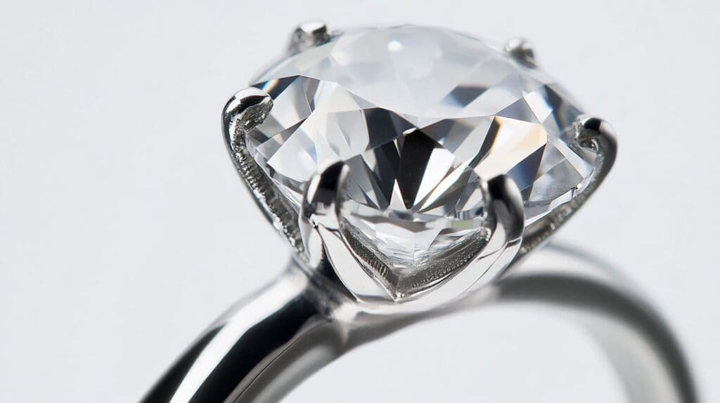 A vintage-style engagement ring featuring an Old European Cut diamond set in a white gold or platinum prong setting, showcasing its antique charm and brilliance.