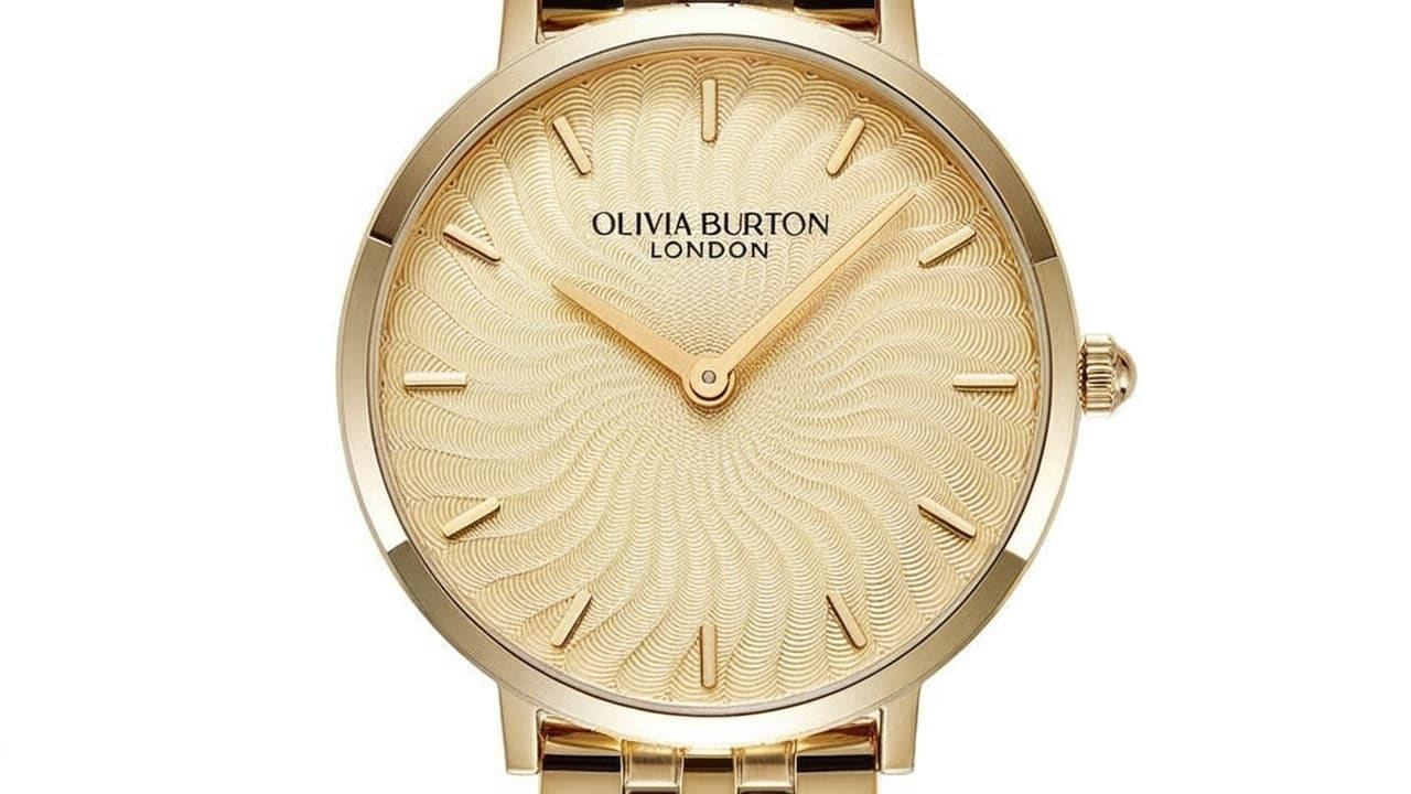 Olivia Burton gold watch with swirling guilloche sunray dial