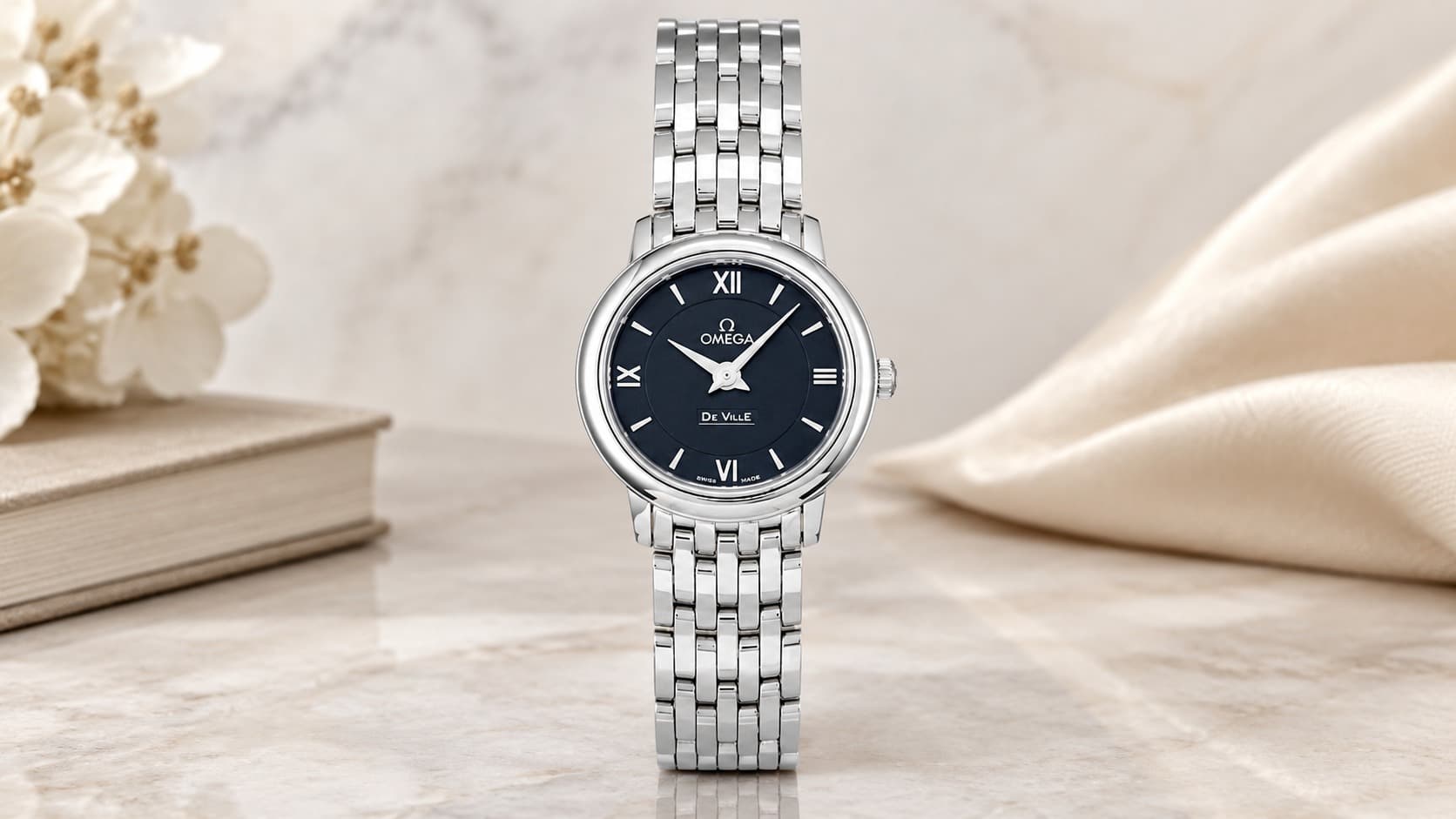 Omega De Ville Prestige Quartz with black dial and steel bracelet