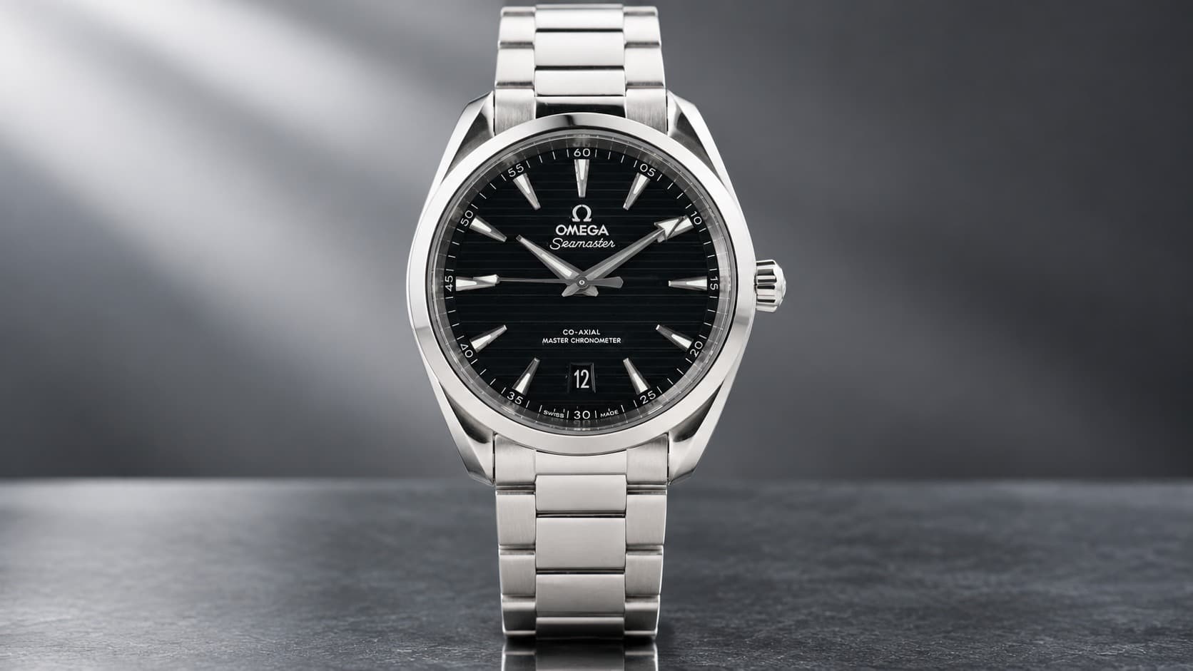 Omega Seamaster Aqua Terra with a black dial and steel bracelet