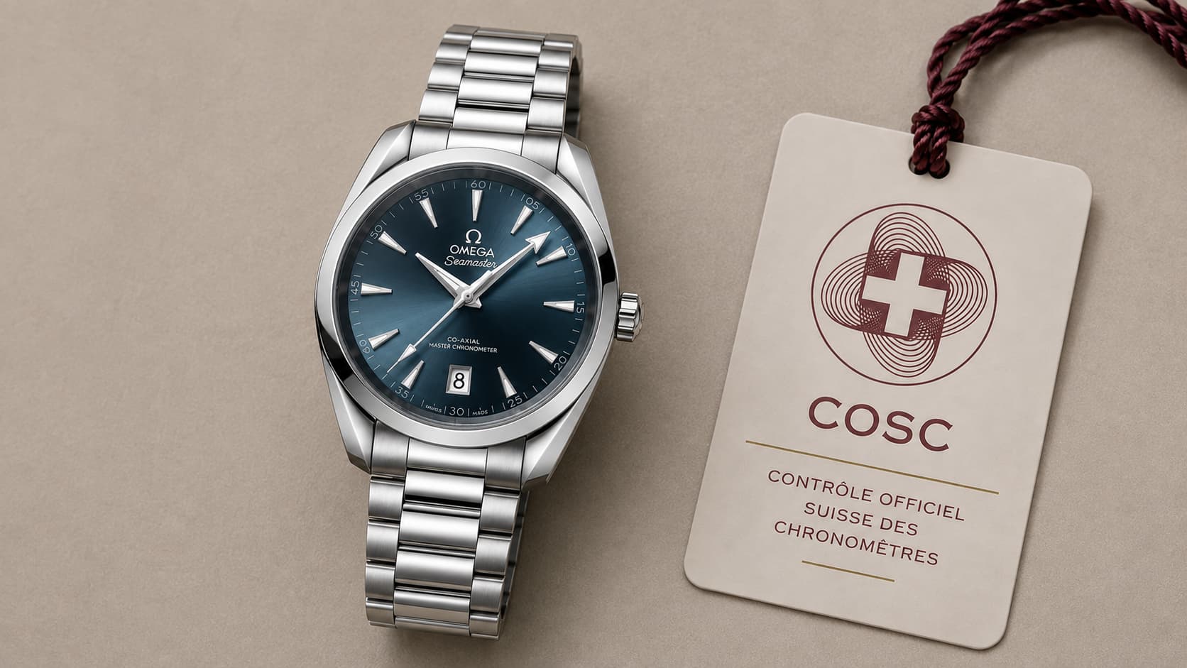Omega Seamaster Aqua Terra watch next to its official COSC chronometer certification tag