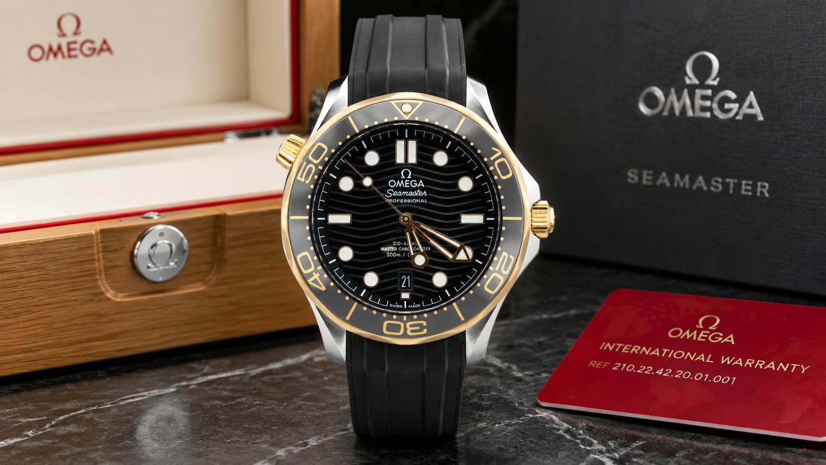Omega Seamaster Diver 300M black wave dial two-tone watch with box and papers