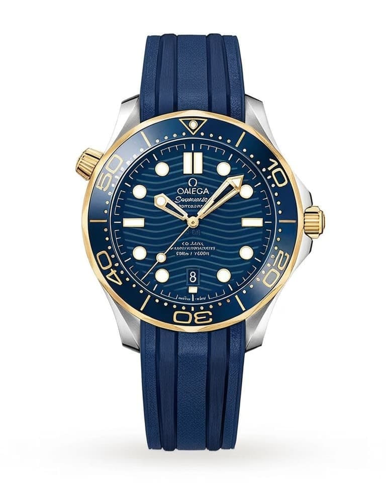 Omega Seamaster Diver 300M in two-tone steel and gold case with blue rubber strap demonstrating luxury sports watch design