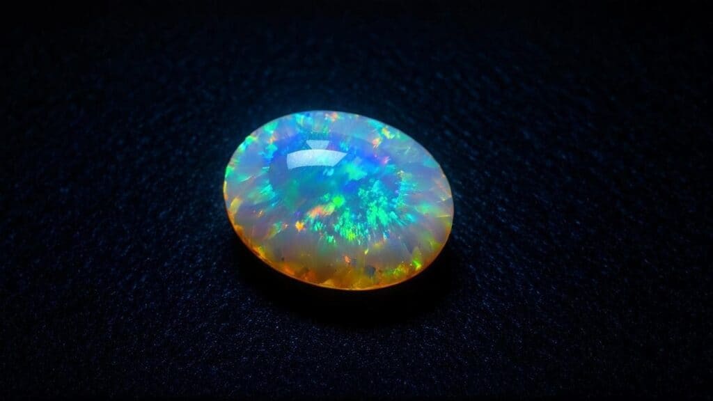 Opal cabochon showing vivid play-of-color in a polished oval dome shape