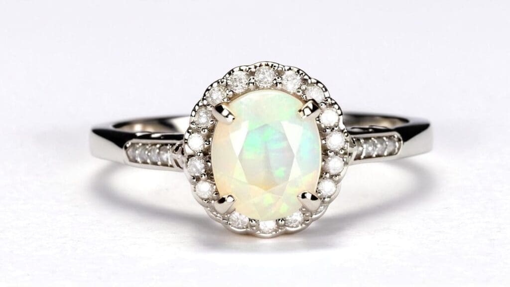 White gold opal engagement ring with halo diamond setting and radiant play of color