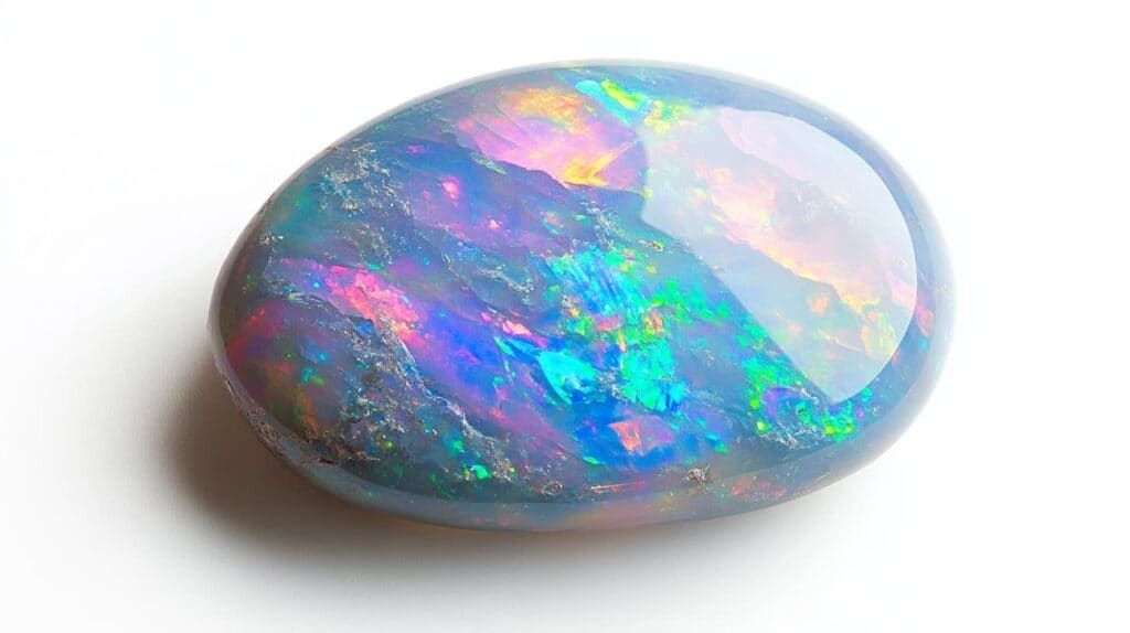 A polished opal gemstone with vivid iridescent colors, showcasing its delicate structure and the need for careful moisture management during cleaning and storage.