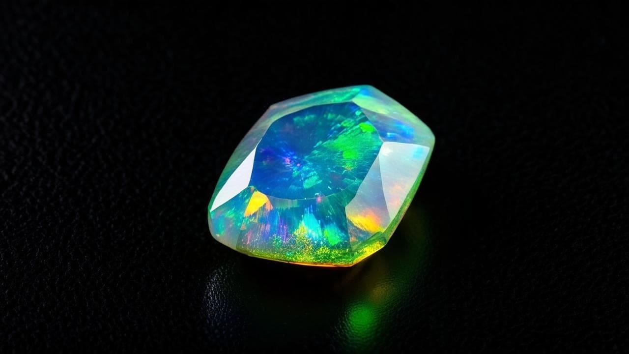 Cushion-cut opal flashing blue, green and orange play-of-color on black