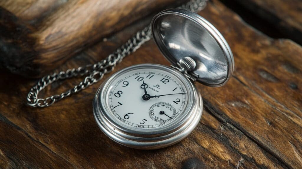 Open silver pocket watch revealing a classic white dial with black numerals, resting on aged wooden planks.