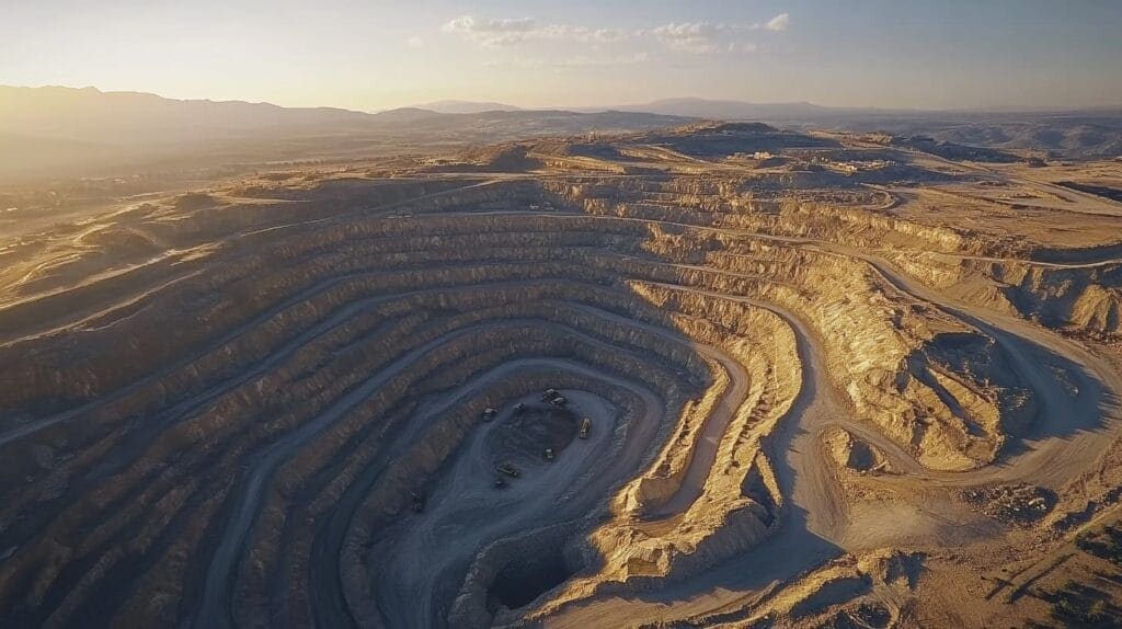 Aerial view of an open-pit gold mine at sunset, illustrating the scale and effort required to extract this rare and precious metal.
