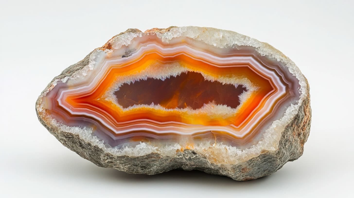 Polished agate geode slice with orange, white and grey banding around a crystal center