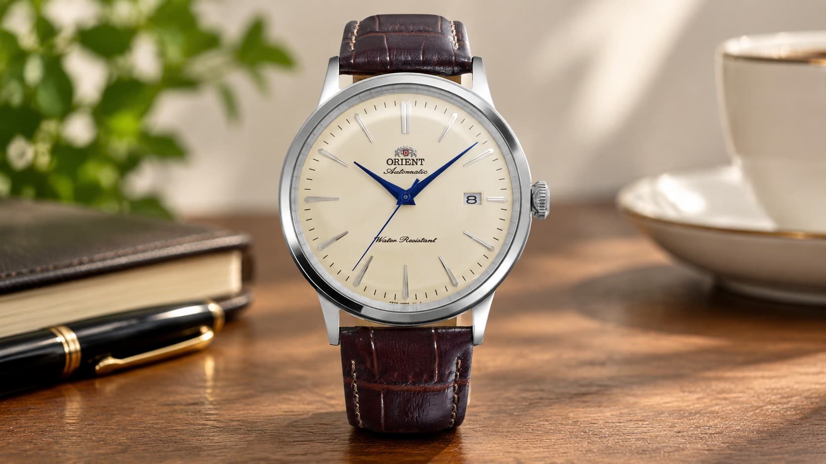 Orient Bambino automatic dress watch with cream dial and brown leather strap