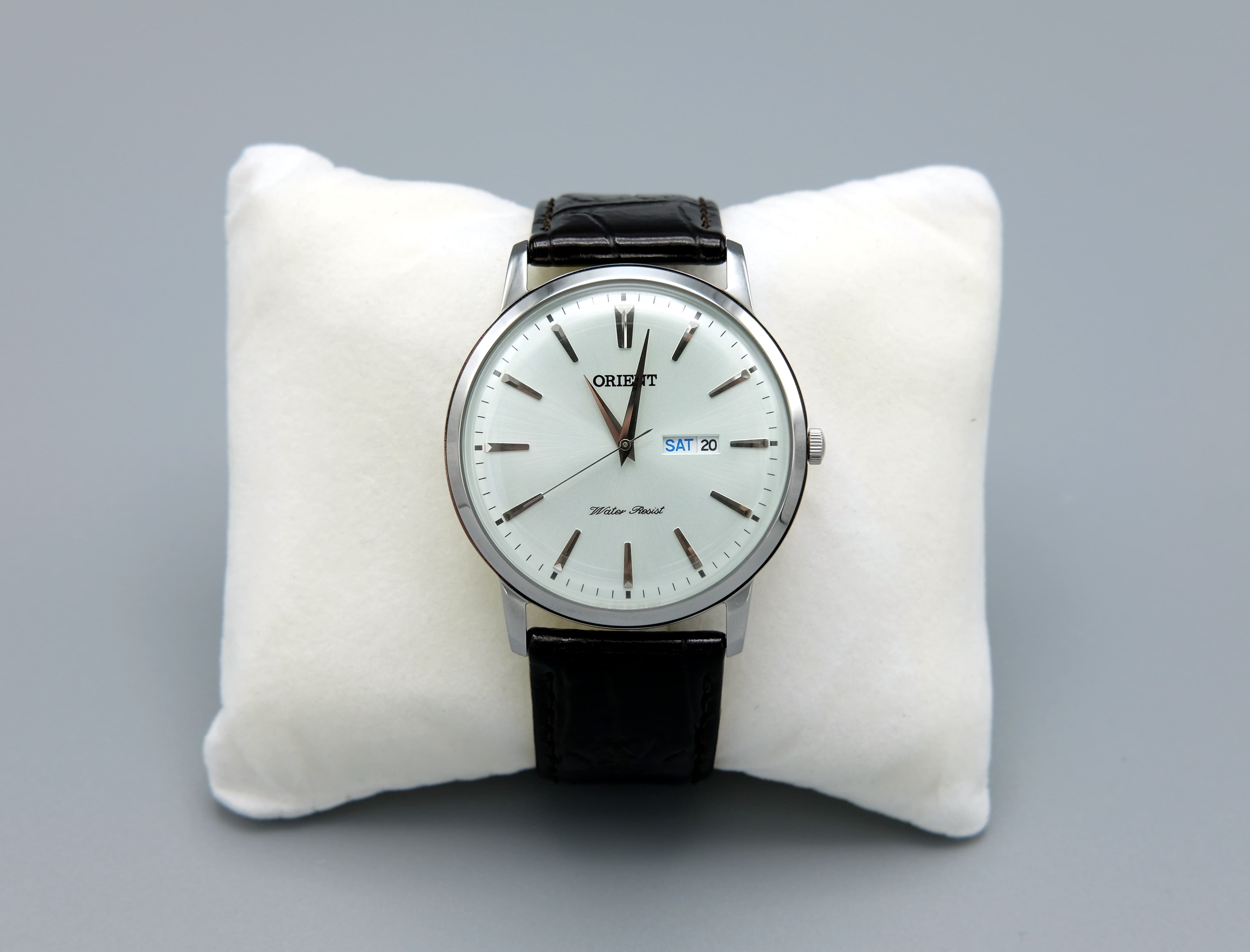 Orient Capital wristwatch with white dial and black leather strap