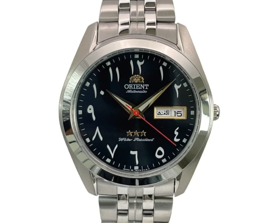 Orient Three Star automatic with black dial, Arabic-Indic numerals and day-date