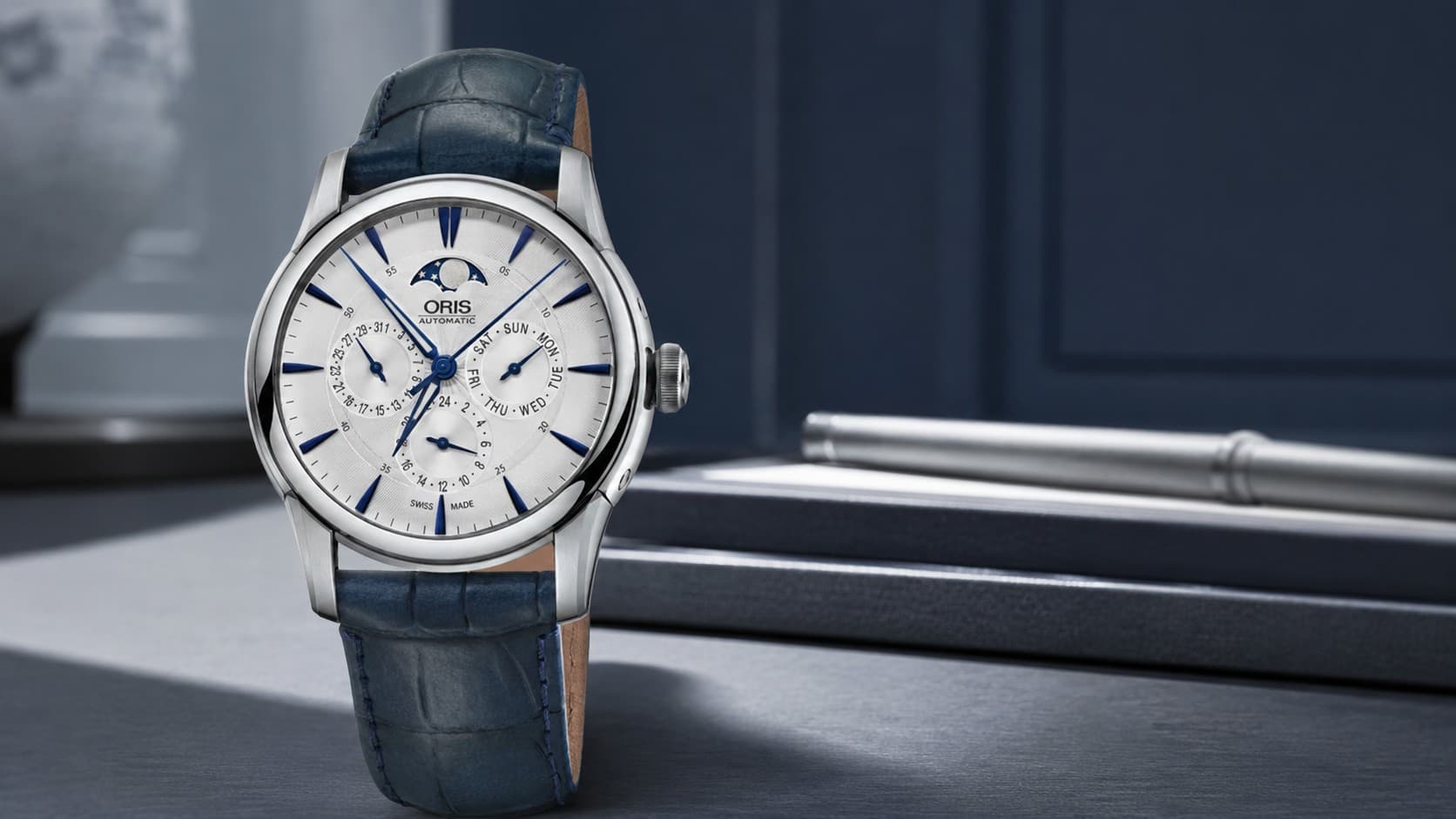Oris Artelier Complication with moonphase display and blue leather strap
