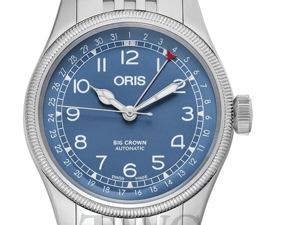Oris Big Crown Pointer Date with blue dial, coin-edge bezel and red date hand