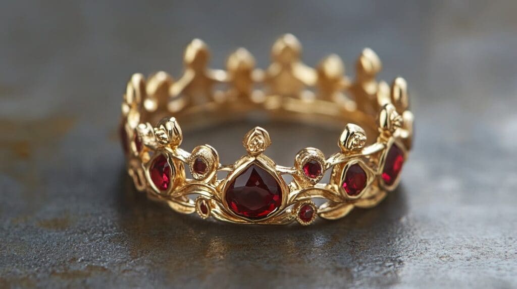 Detailed gold crown ring adorned with red garnet stones, showcasing luxury and intricate craftsmanship.