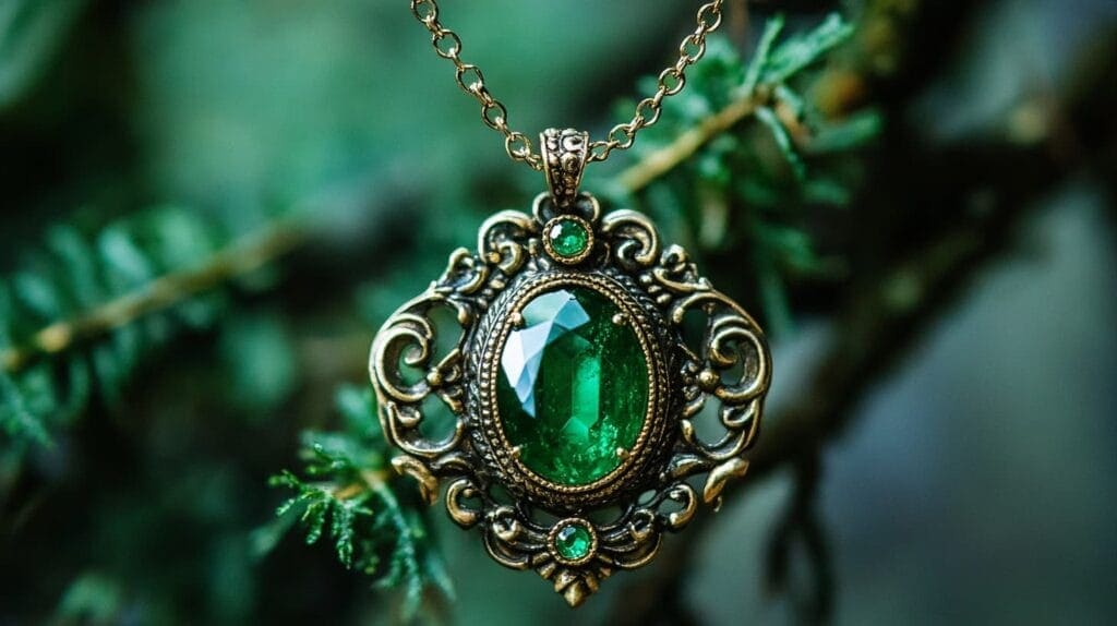 Ornate emerald necklace featuring a vibrant green gemstone in an antique-inspired design, set against a natural leafy background.